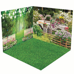 Aperturee - Aperturee Light Forest Floral Truck Spring Room Set Backdrop