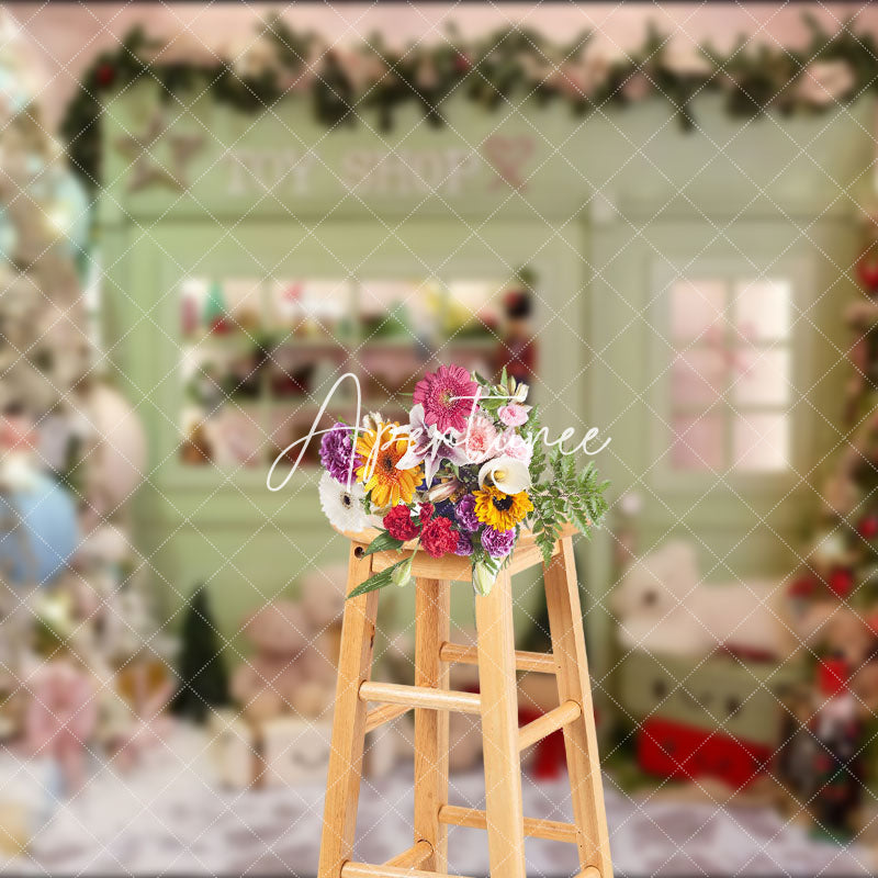 Aperturee - Aperturee Light Green Toy Shop Tree Christmas Vibe Backdrop