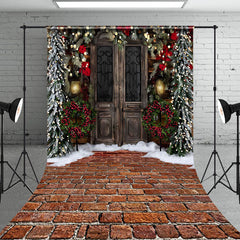 Aperturee - Aperturee Light Leaves Wood Door Brick Floor Xmas Backdrop