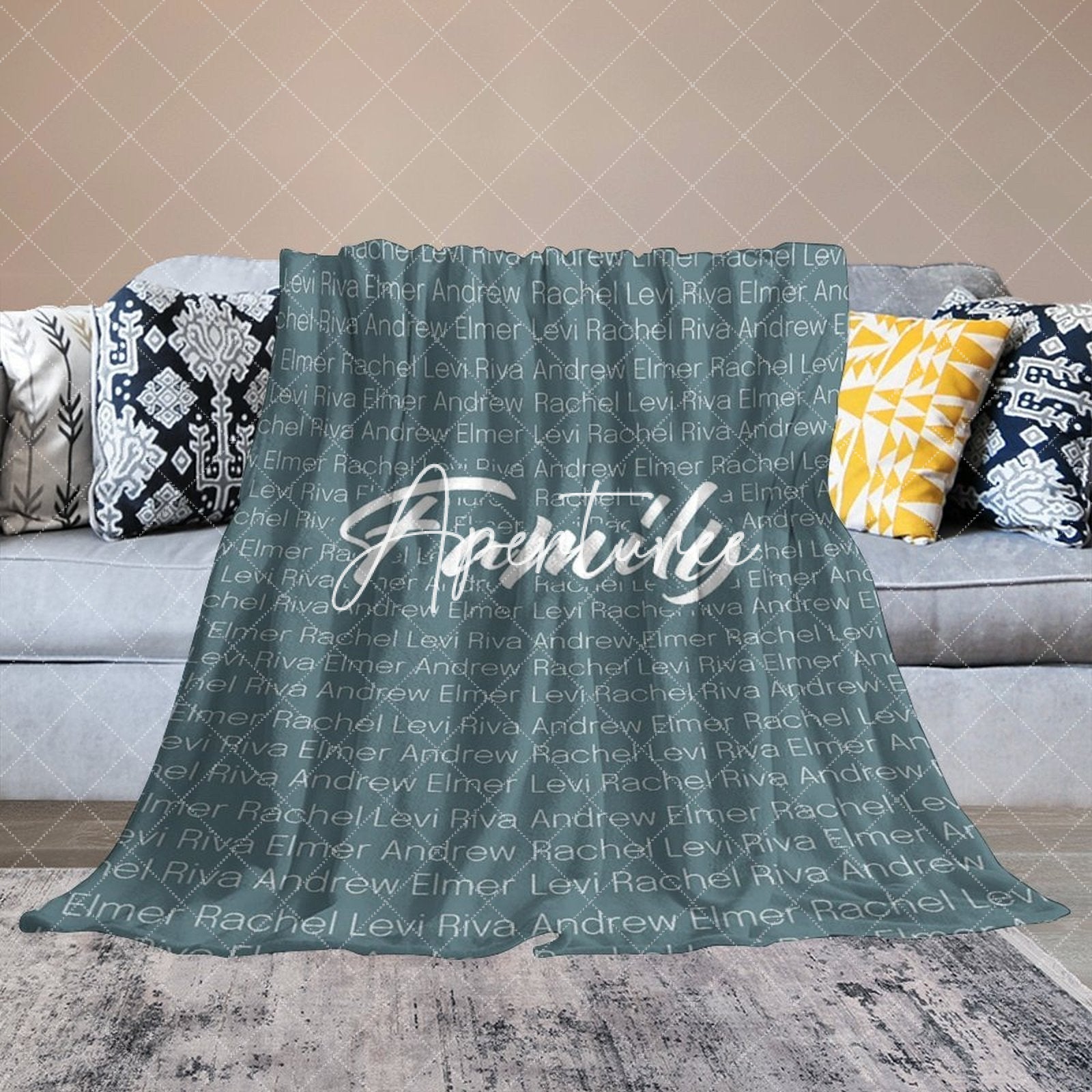 Aperturee - Aperturee Light Navy Custom Dense Repeated Family Name Blanket