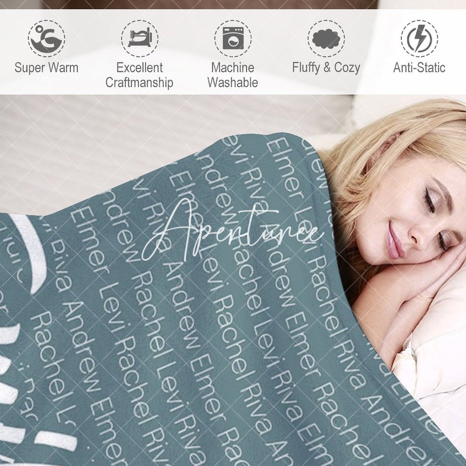 Aperturee - Aperturee Light Navy Custom Dense Repeated Family Name Blanket