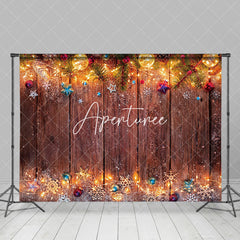 Aperturee - Aperturee Light Pine Leaves Brown Wooden Christmas Backdrop