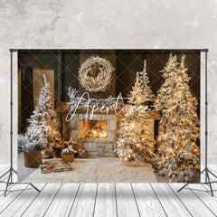 Aperturee - Aperturee Light Pine Leaves Wood Fireplace Christmas Backdrop