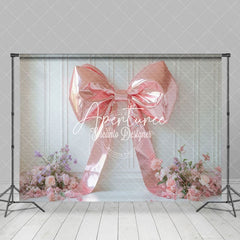 Aperturee - Aperturee Light Pink Bow White Wall Floral Backdrop For Wedding