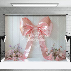 Aperturee - Aperturee Light Pink Bow White Wall Floral Backdrop For Wedding