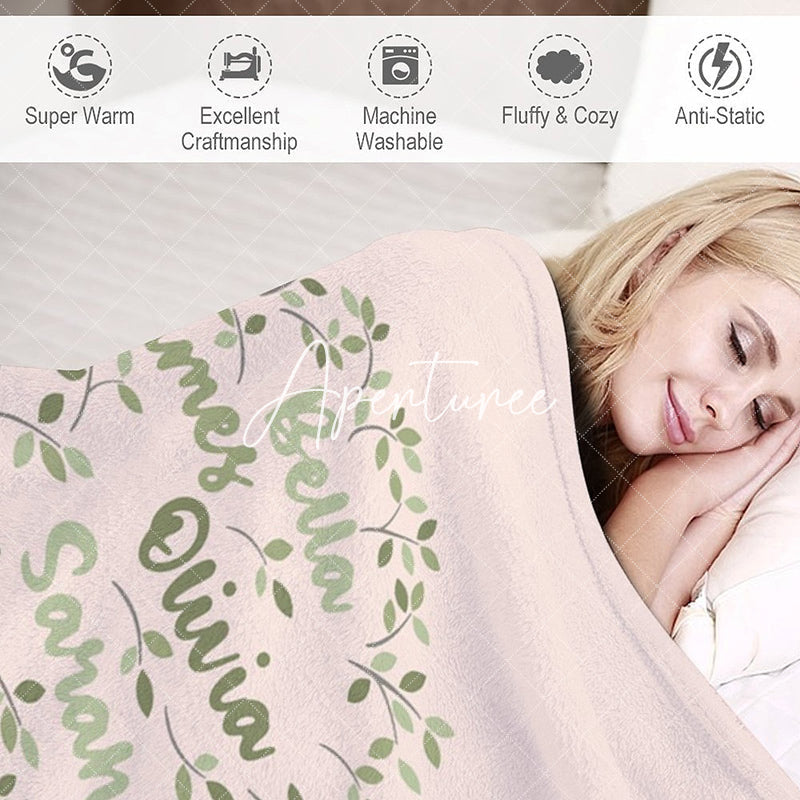 Aperturee - Aperturee Light Pink Green Family Tree Custom Name Blanket