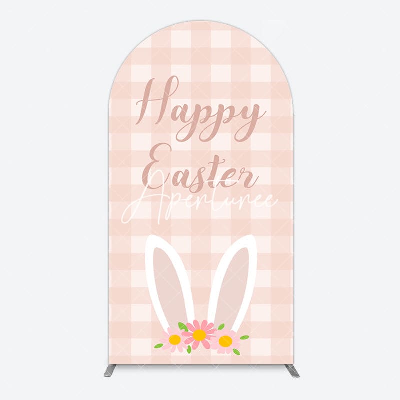 Aperturee - Aperturee Light Pink Plaid Floral Bunny Ear Easter Arch Backdrop