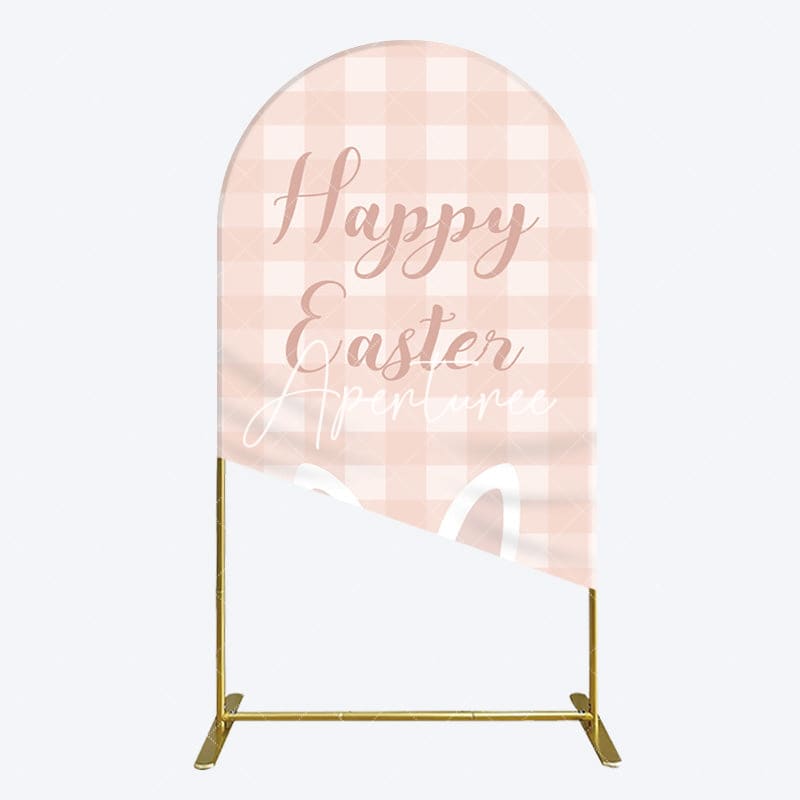 Aperturee - Aperturee Light Pink Plaid Floral Bunny Ear Easter Arch Backdrop