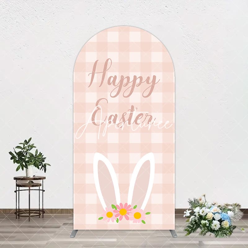 Aperturee - Aperturee Light Pink Plaid Floral Bunny Ear Easter Arch Backdrop