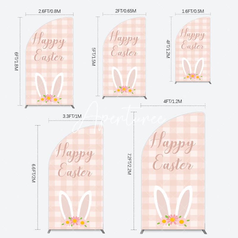 Aperturee - Aperturee Light Pink Plaid Floral Bunny Ear Easter Half Moon Arch Backdrop