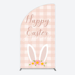 Aperturee - Aperturee Light Pink Plaid Floral Bunny Ear Easter Half Moon Arch Backdrop