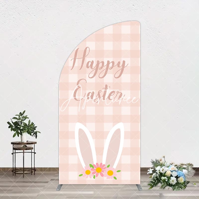 Aperturee - Aperturee Light Pink Plaid Floral Bunny Ear Easter Half Moon Arch Backdrop