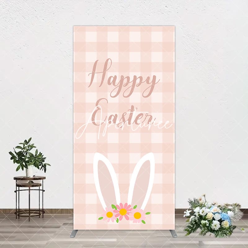 Aperturee - Aperturee Light Pink Plaid Floral Bunny Ear Easter Rectangle Backdrop