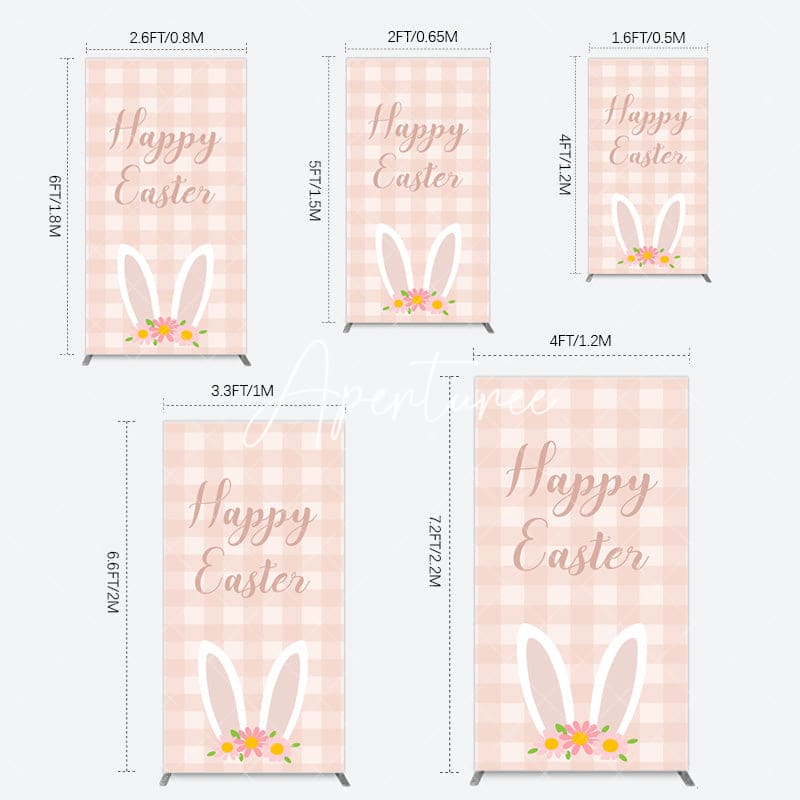 Aperturee - Aperturee Light Pink Plaid Floral Bunny Ear Easter Rectangle Backdrop