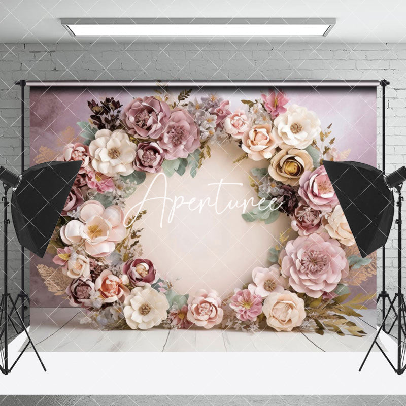 Aperturee - Aperturee Light Purple Beige Paper Floral Wreath Photo Backdrop