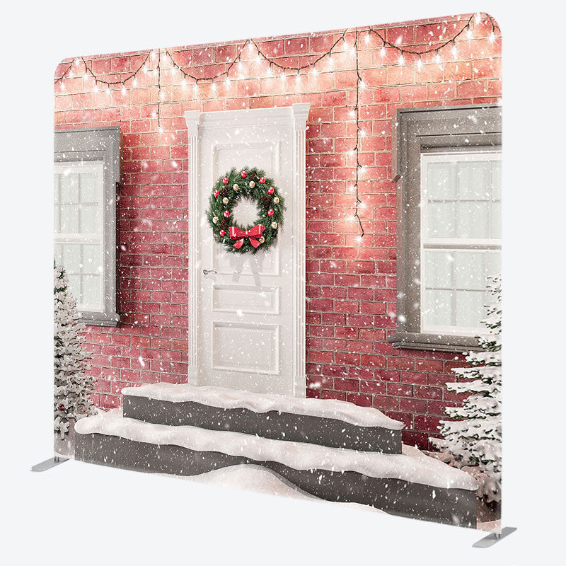 Aperturee - Aperturee Light Snowy Door Scene Brick Wall Christmas Backdrop