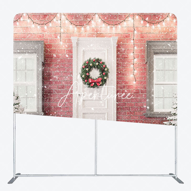 Aperturee - Aperturee Light Snowy Door Scene Brick Wall Christmas Backdrop