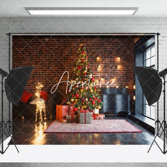 Aperturee - Aperturee Light String Deer Brick Wall Christmas Backdrop