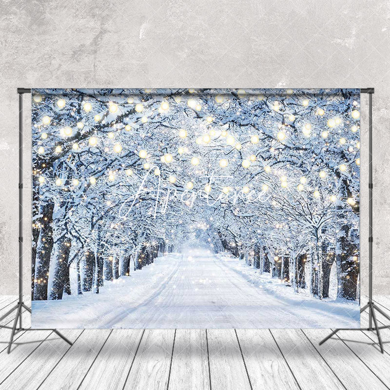 Aperturee - Aperturee Light Strip Snowy Forest Path Winter Photo Backdrop