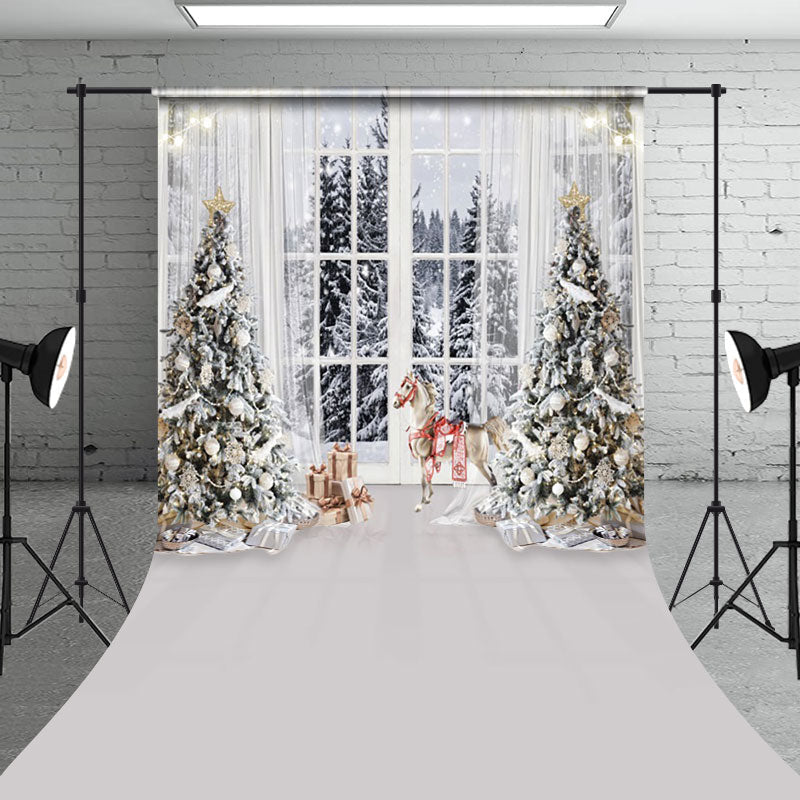 Aperturee - Aperturee Light White Window Forest Horse Christmas Backdrop