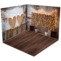 Aperturee - Aperturee Light Wood Heart Brick Wall Valentines Room Set