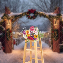 Aperturee - Aperturee Light Wreath Wood Manor Gate Tree Christmas Backdrop