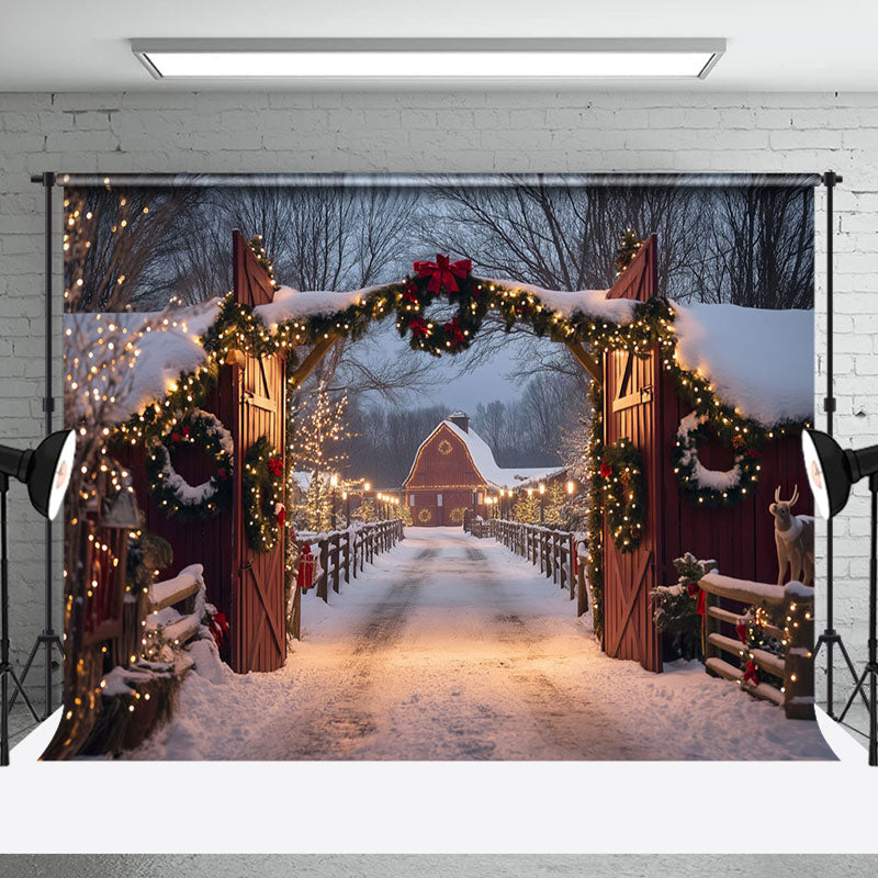 Aperturee - Aperturee Light Wreath Wood Manor Gate Tree Christmas Backdrop