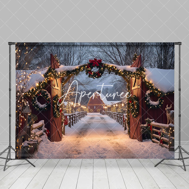 Aperturee - Aperturee Light Wreath Wood Manor Gate Tree Christmas Backdrop