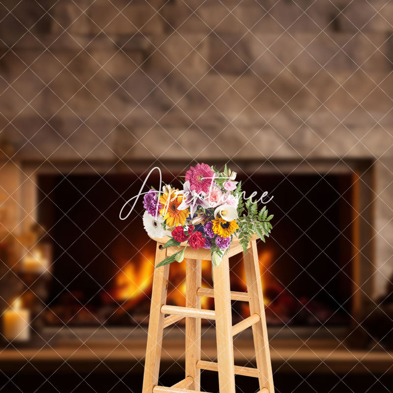 Aperturee - Aperturee Lighted Candles Brick Fireplace Photo Backdrop