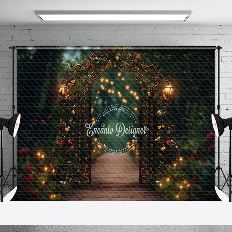 Aperturee - Aperturee Lighted Gold Arch Natural Forest Wedding Backdrop