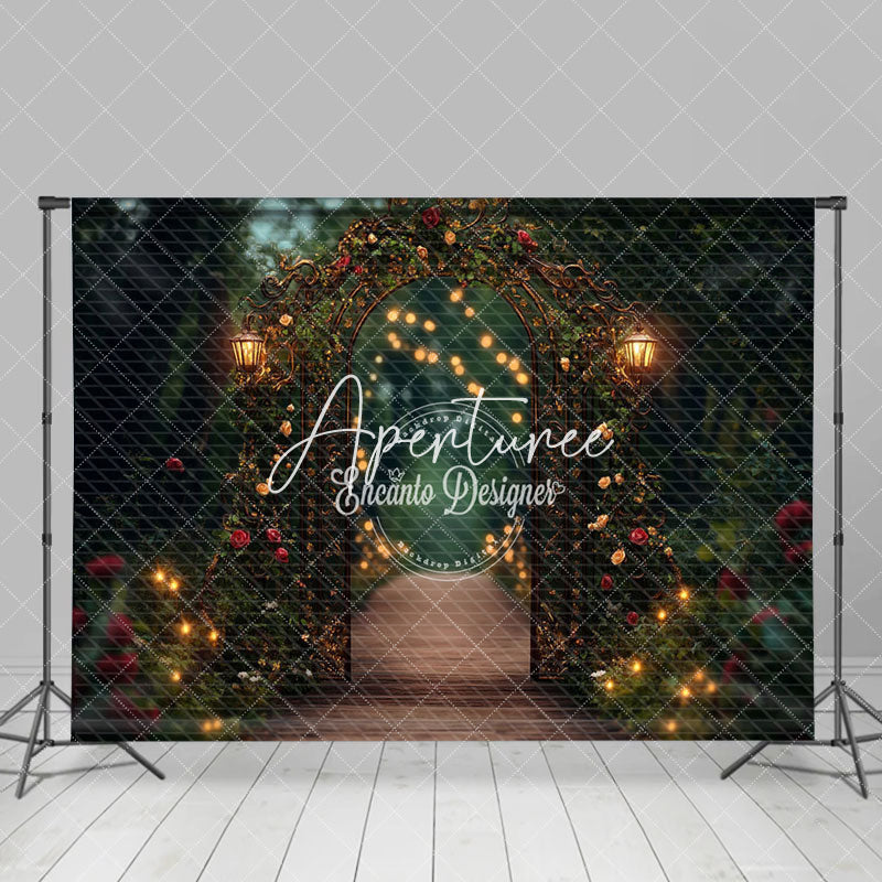 Aperturee - Aperturee Lighted Gold Arch Natural Forest Wedding Backdrop