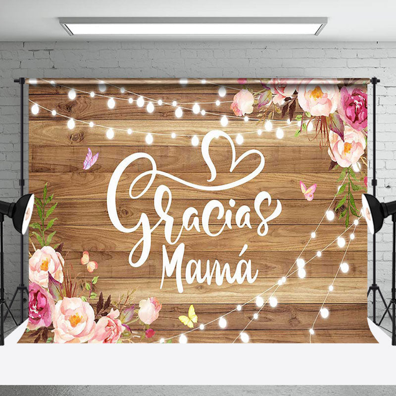 Aperturee - Aperturee Lighted Gracias Mama Floral Wood Mothers Day Backdrop