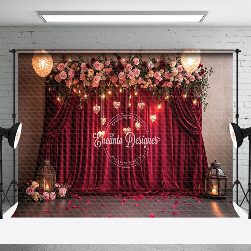 Aperturee - Aperturee Lighted Hearts Floral Red Curtain Romantic Backdrop