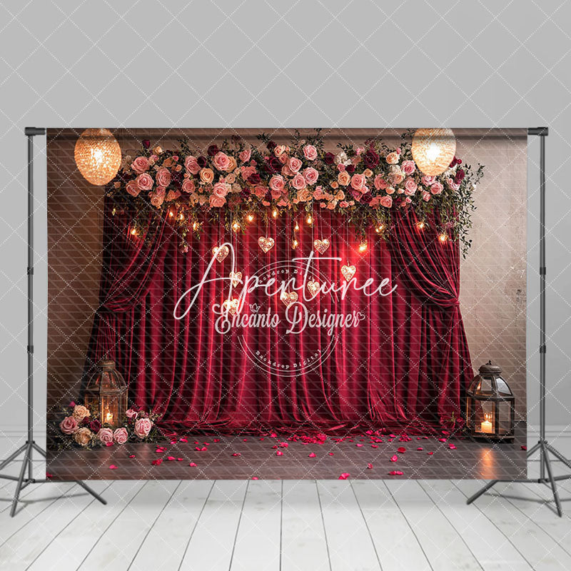 Aperturee - Aperturee Lighted Hearts Floral Red Curtain Romantic Backdrop