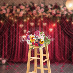 Aperturee - Aperturee Lighted Hearts Floral Red Curtain Romantic Backdrop