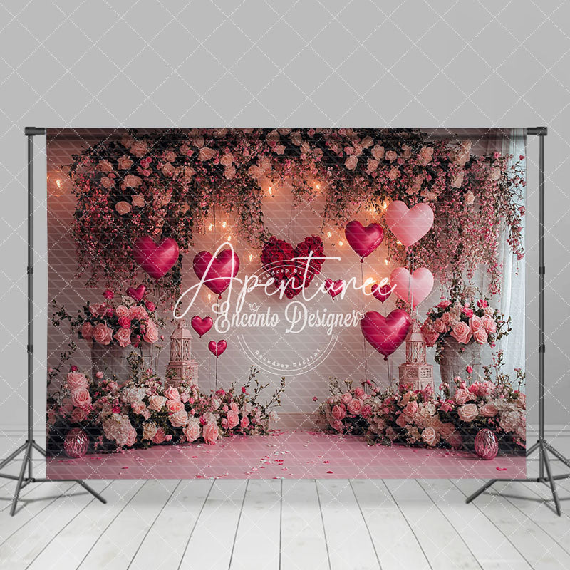 Aperturee - Aperturee Lighted Romantic Pink Floral Valentines Day Backdrop