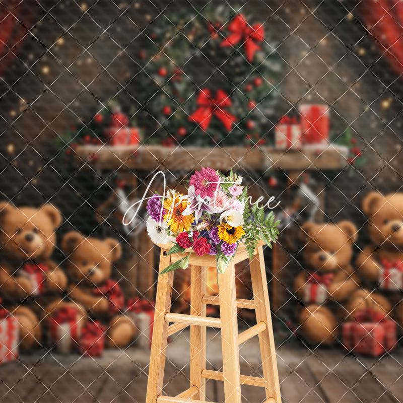 Aperturee - Aperturee Lighted Warm Fireplace Bear Gifts Christmas Backdrop