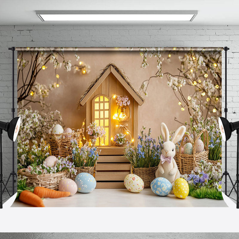 Aperturee - Aperturee Lighted Warm House Bunny Eggs Spring Easter Backdrop