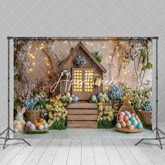 Aperturee - Aperturee Lighted Wood Cabin Colorful Floral Easter Backdrop