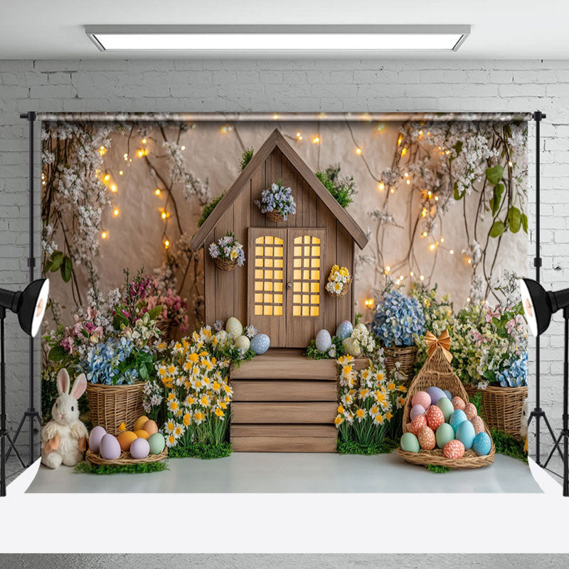 Aperturee - Aperturee Lighted Wood Cabin Colorful Floral Easter Backdrop