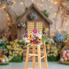 Aperturee - Aperturee Lighted Wood Cabin Colorful Floral Easter Backdrop