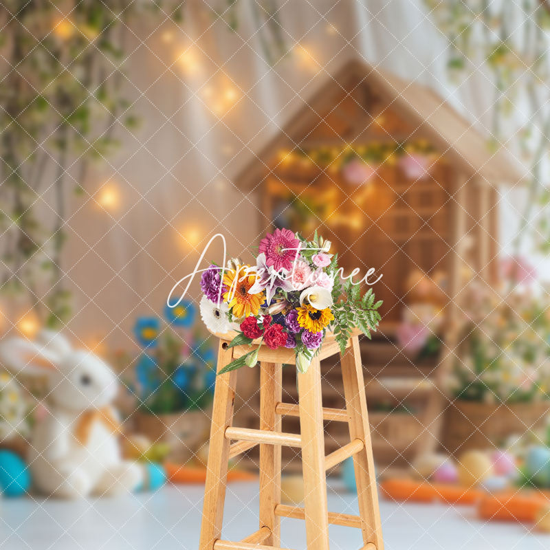 Aperturee - Aperturee Lighted Wood House Colorful Egg Floral Bunny Backdrop