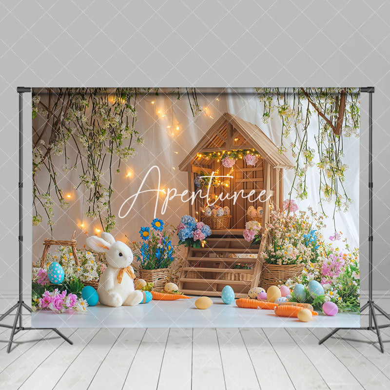 Aperturee - Aperturee Lighted Wood House Colorful Egg Floral Bunny Backdrop