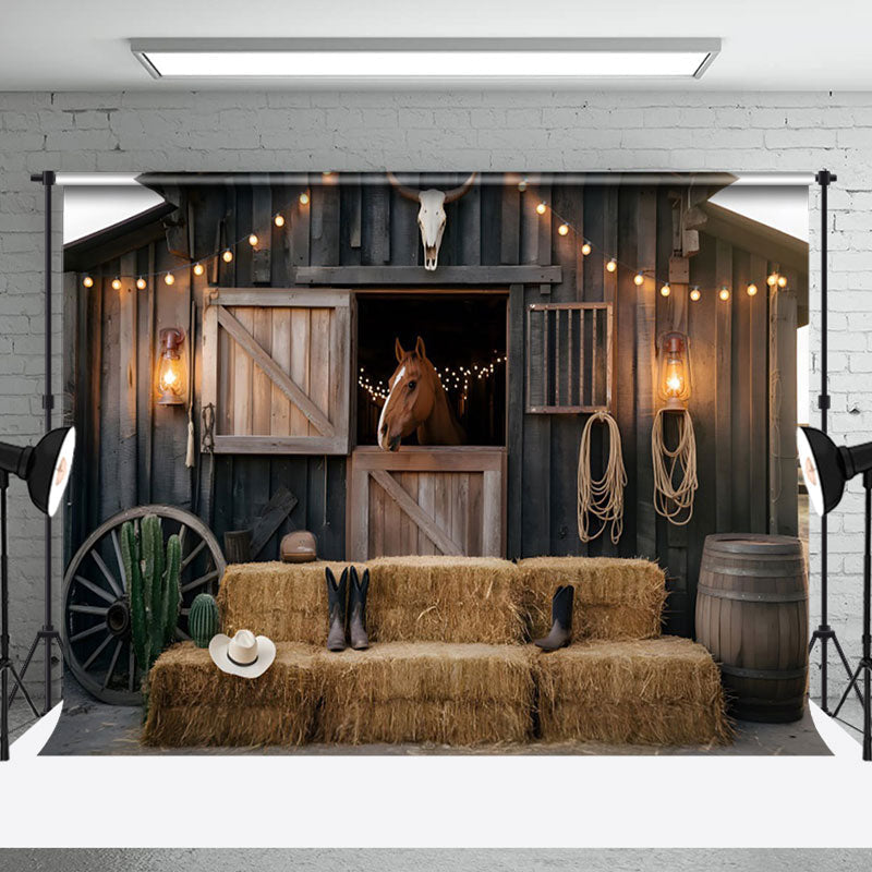 Aperturee - Aperturee Lighted Wooden Stable Hay Cowboy Cake Smash Backdrop