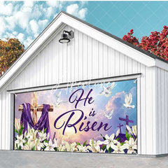 Aperturee - Aperturee Lily He Is Risen Cross Easter Garage Door Banner