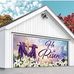 Aperturee - Aperturee Lily He Is Risen Cross Easter Garage Door Banner