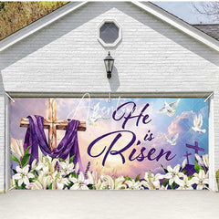 Aperturee - Aperturee Lily He Is Risen Cross Easter Garage Door Banner