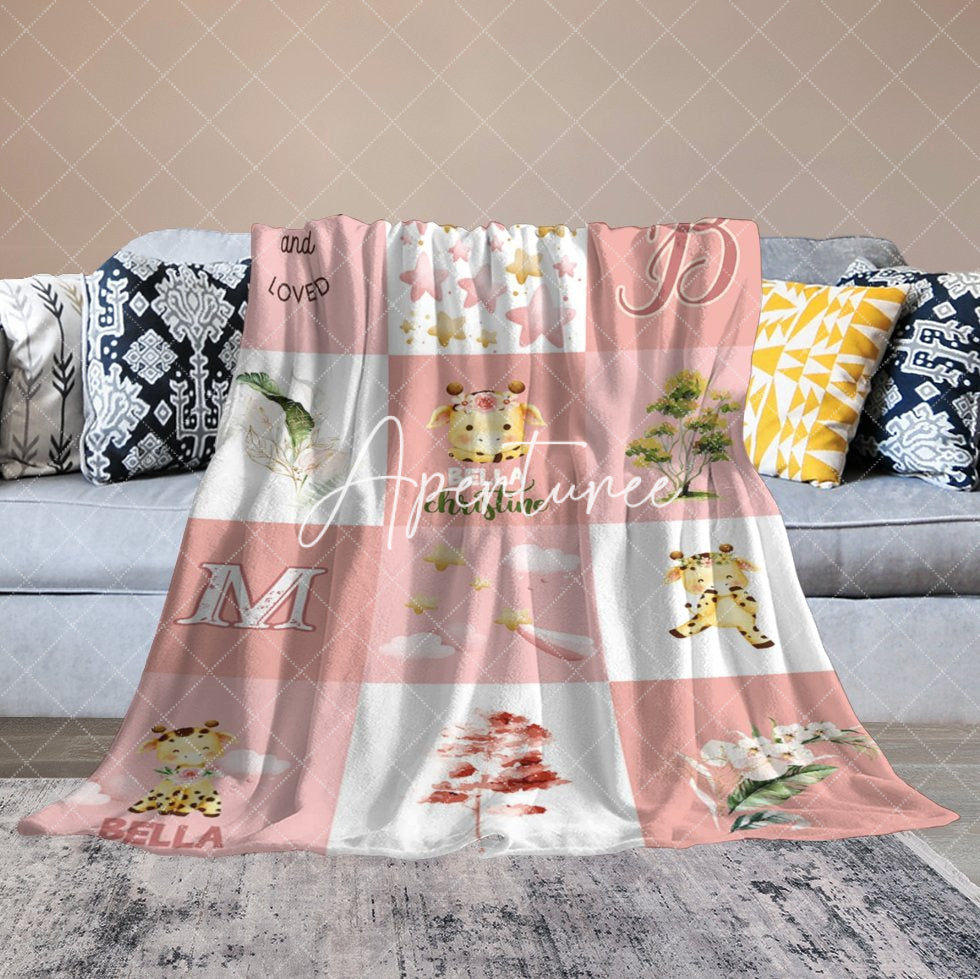 Aperturee - Aperturee Little Cow Plant Floral Plaid Custom Name Blanket