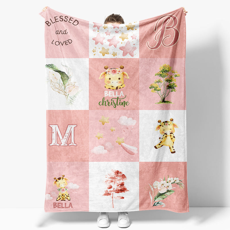 Aperturee - Aperturee Little Cow Plant Floral Plaid Custom Name Blanket