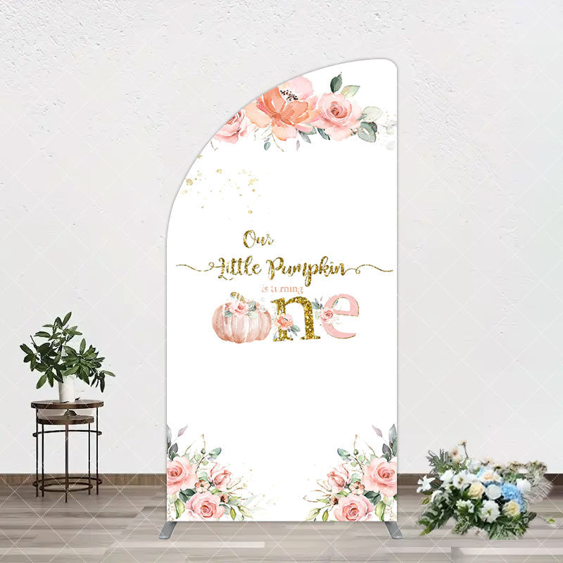 Aperturee - Aperturee Little Pumpkin Pink Floral 1st Birthday Arch Backdrop